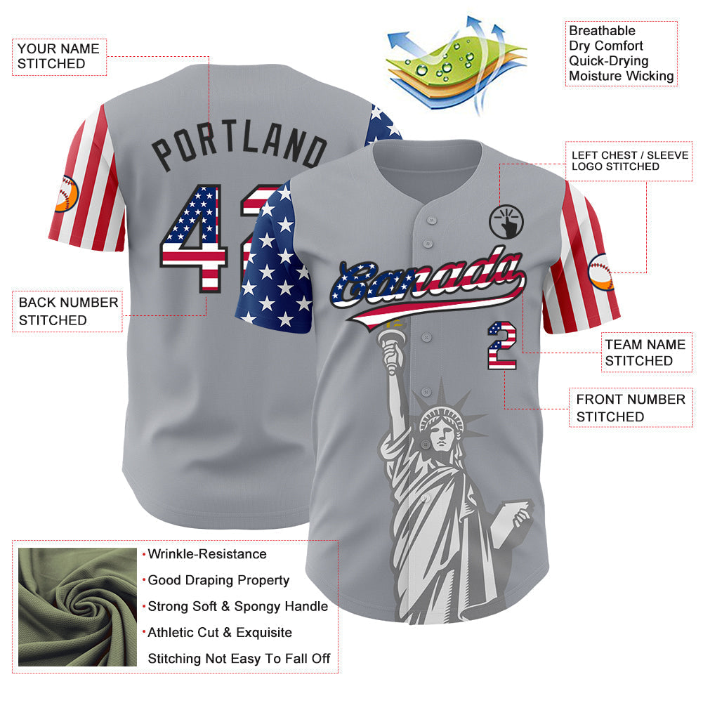 Custom Gray USA Flag-Black 3D American Flag Statue of Liberty Patriotic Authentic Baseball Jersey baseball jersey product view 3