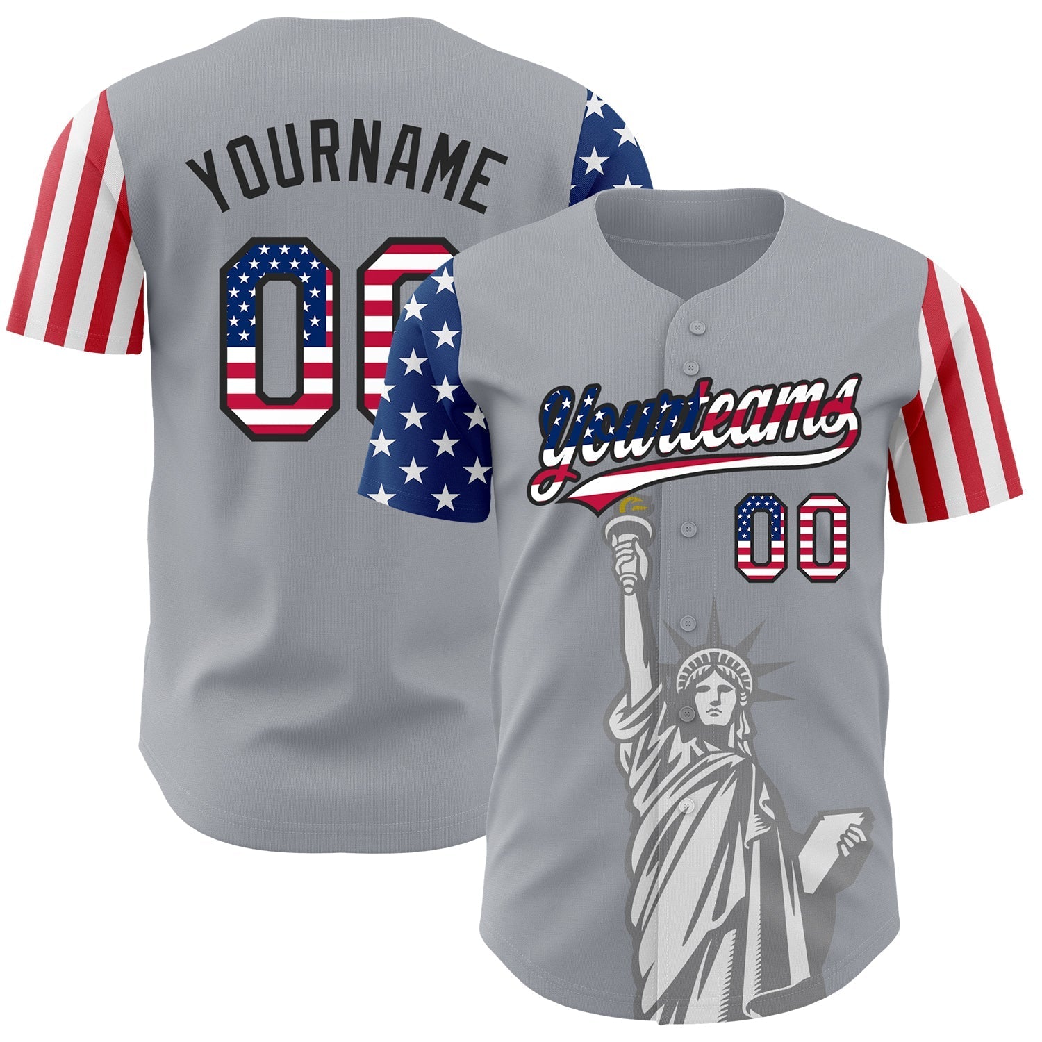 Custom Gray USA Flag-Black 3D American Flag Statue of Liberty Patriotic Authentic Baseball Jersey baseball jersey product view 1