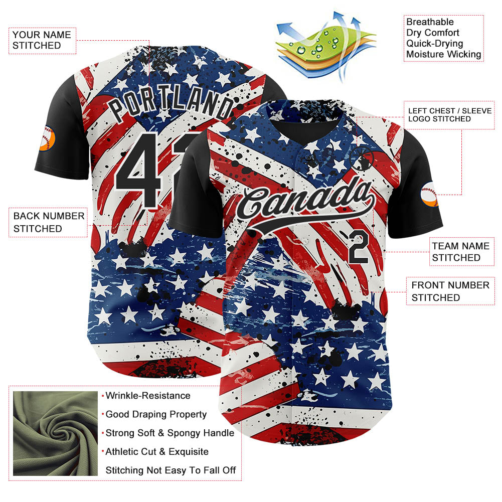 Custom White Black Royal-Red 3D American Flag Patriotic Authentic Baseball Jersey baseball jersey product view 3