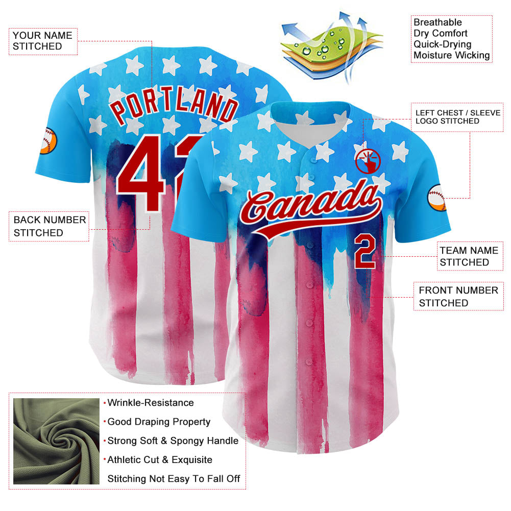 Custom Electric Blue Red-White 3D American Flag Patriotic Authentic Baseball Jersey baseball jersey product view 3