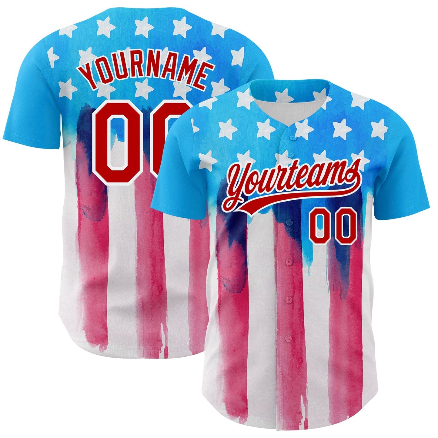 Custom Electric Blue Red-White 3D American Flag Patriotic Authentic Baseball Jersey baseball jersey product view 1