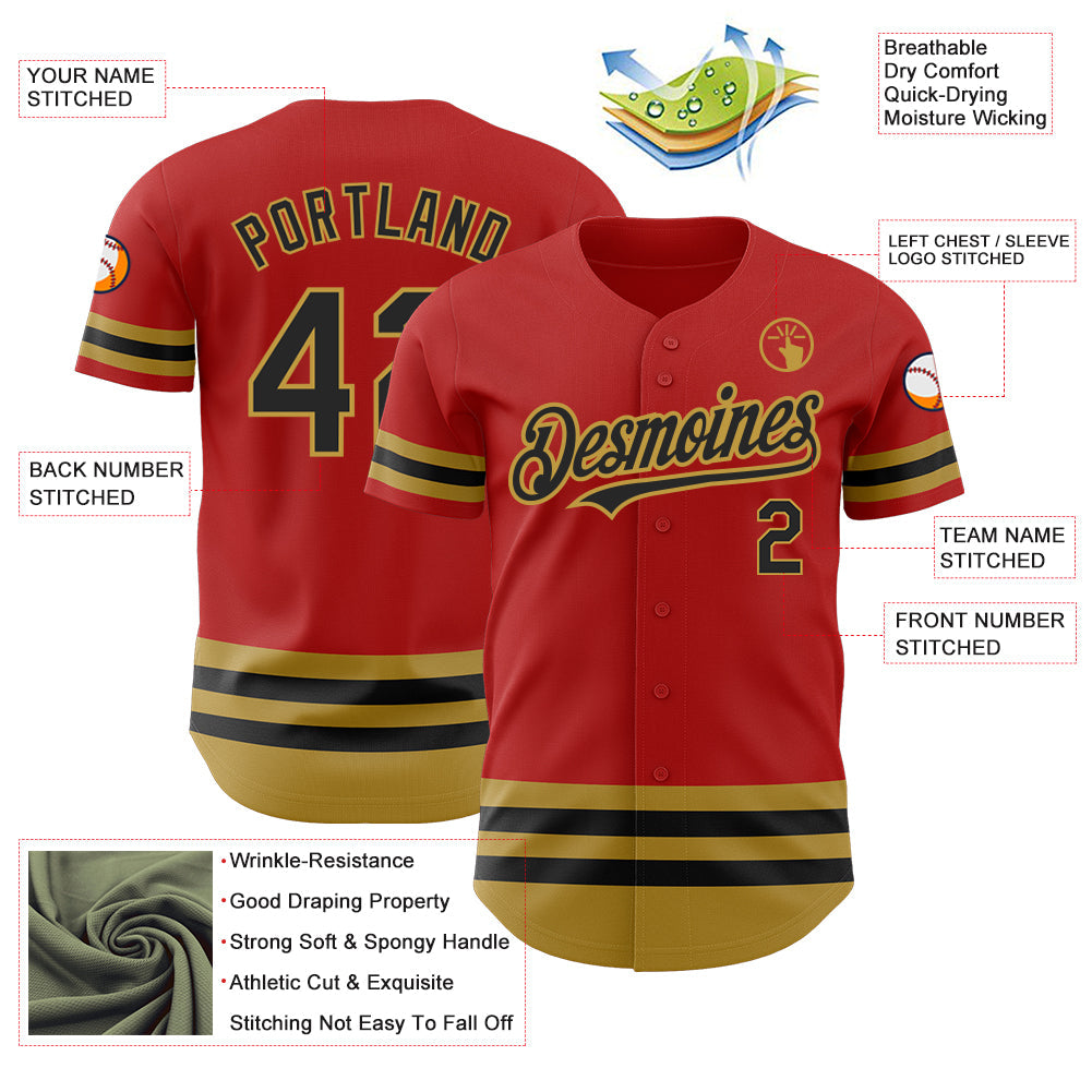 Custom Red Black-Old Gold Line Authentic Baseball Jersey baseball jersey product view 3