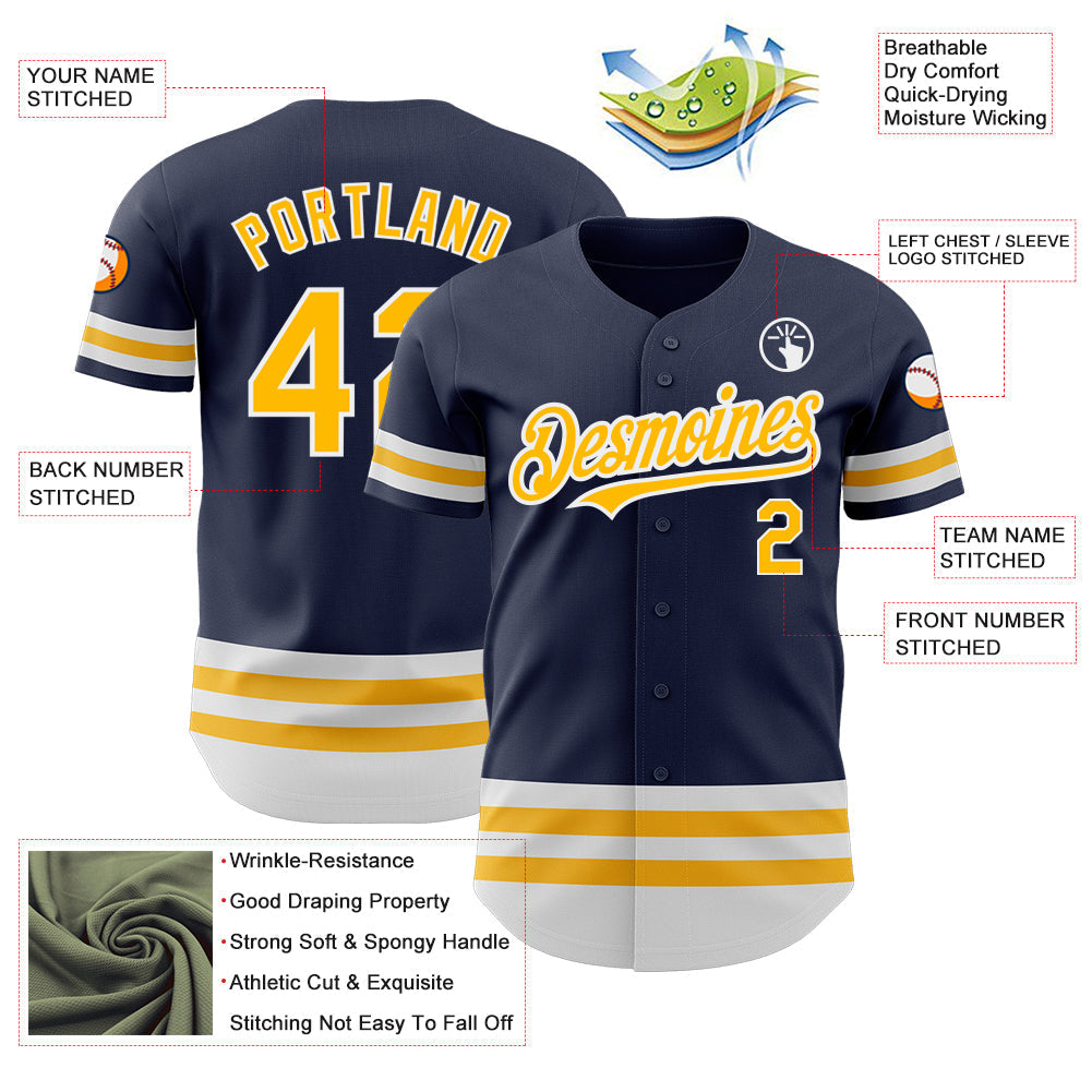 Custom Navy Gold-White Line Authentic Baseball Jersey baseball jersey product view 3