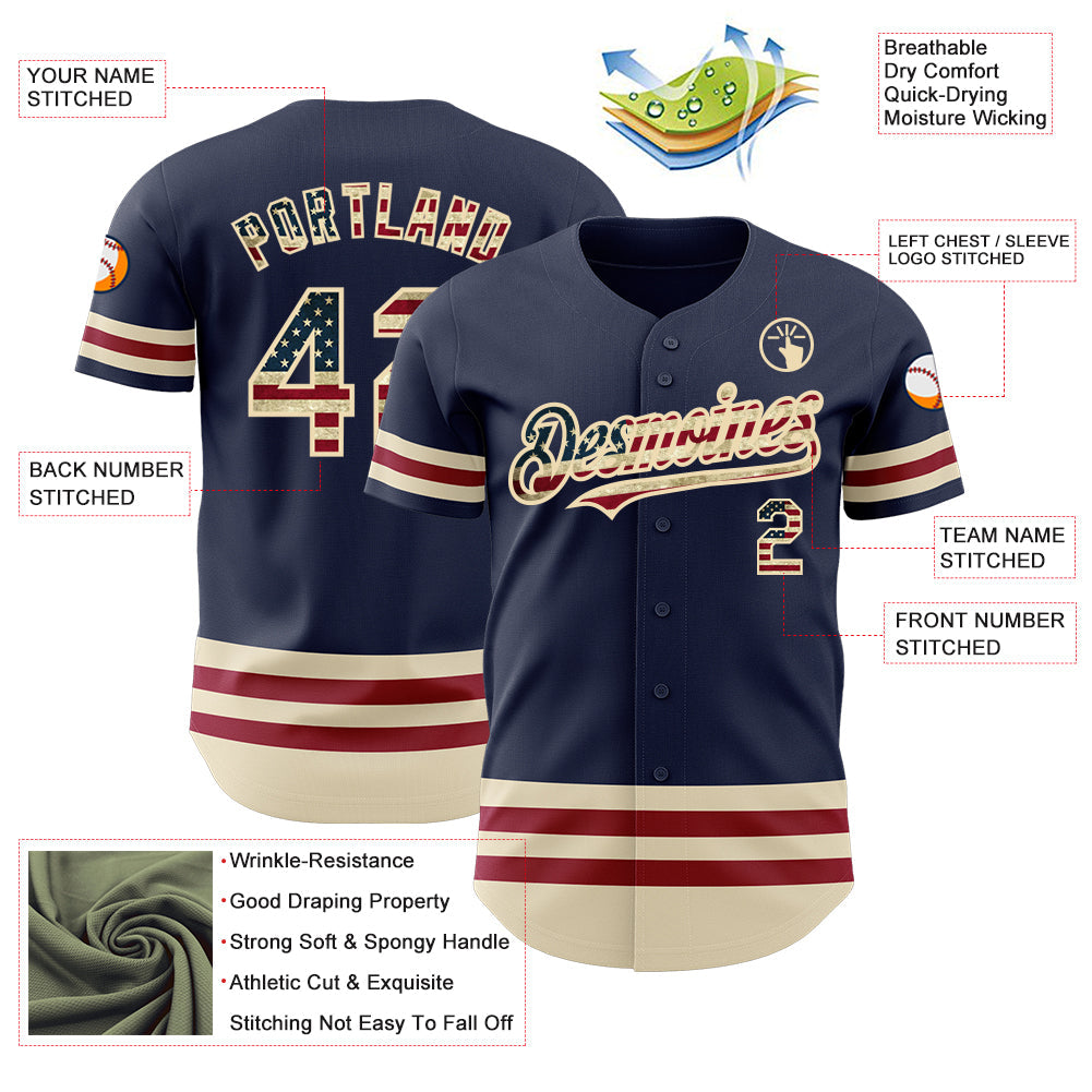 Custom Navy Vintage USA Flag Cream-Maroon Line Authentic Baseball Jersey baseball jersey product view 3