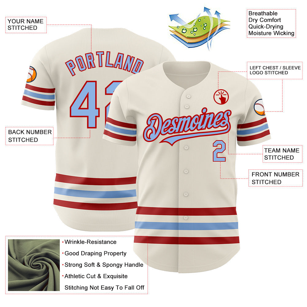 Custom Cream Light Blue-Red Line Authentic Baseball Jersey baseball jersey product view 3