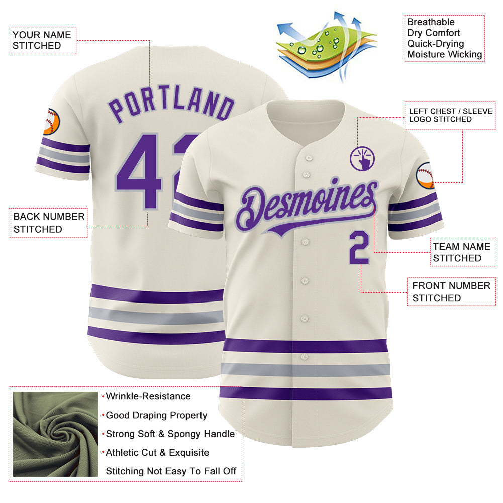 Custom Cream Purple-Gray Line Authentic Baseball Jersey baseball jersey product view 3