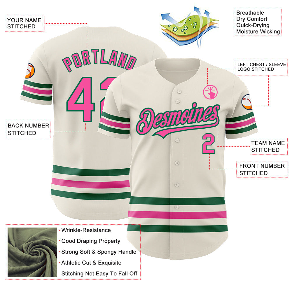 Custom Cream Pink-Kelly Green Line Authentic Baseball Jersey baseball jersey product view 3
