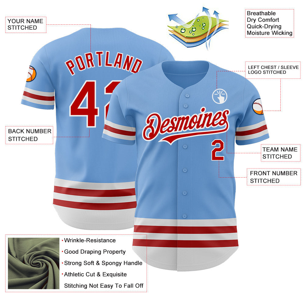 Custom Light Blue Red-White Line Authentic Baseball Jersey baseball jersey product view 3