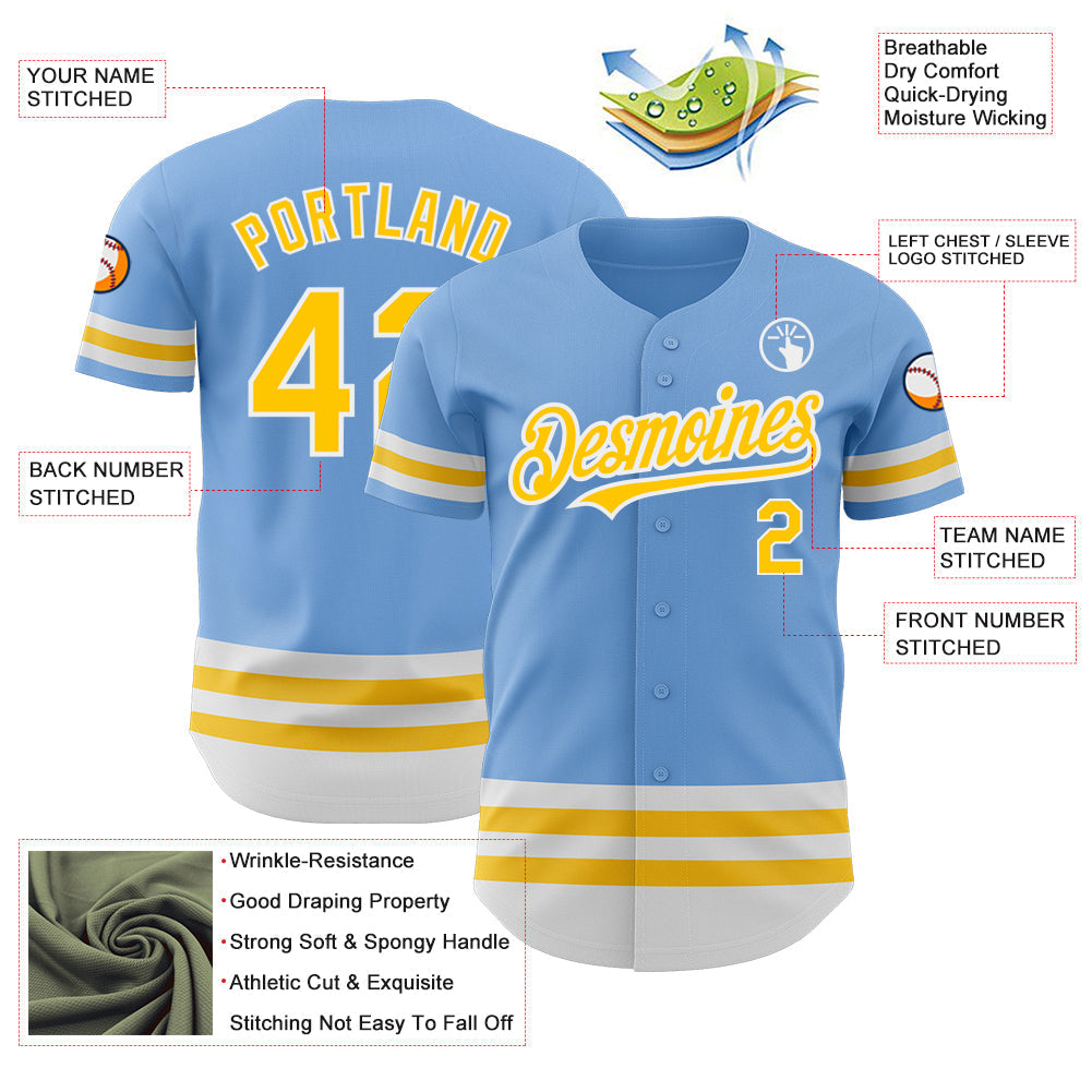 Custom Light Blue Yellow-White Line Authentic Baseball Jersey baseball jersey product view 3