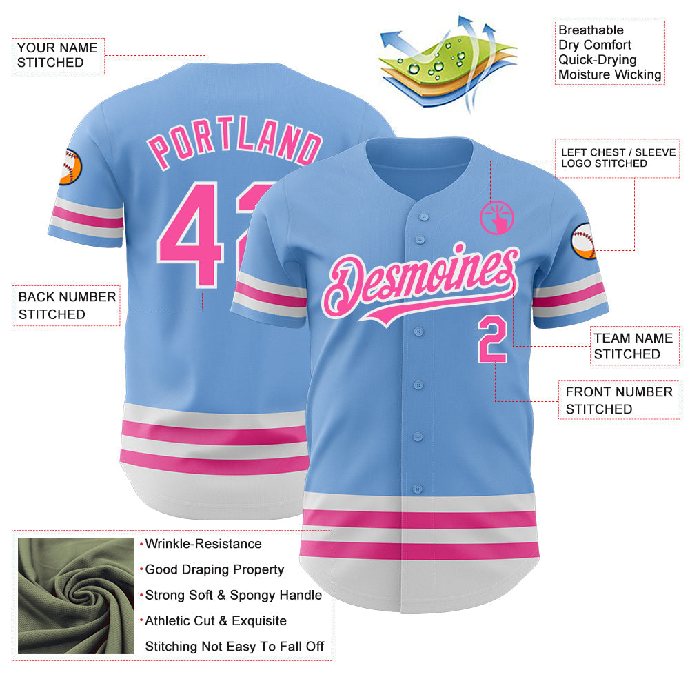 Custom Light Blue Pink-White Line Authentic Baseball Jersey baseball jersey product view 3