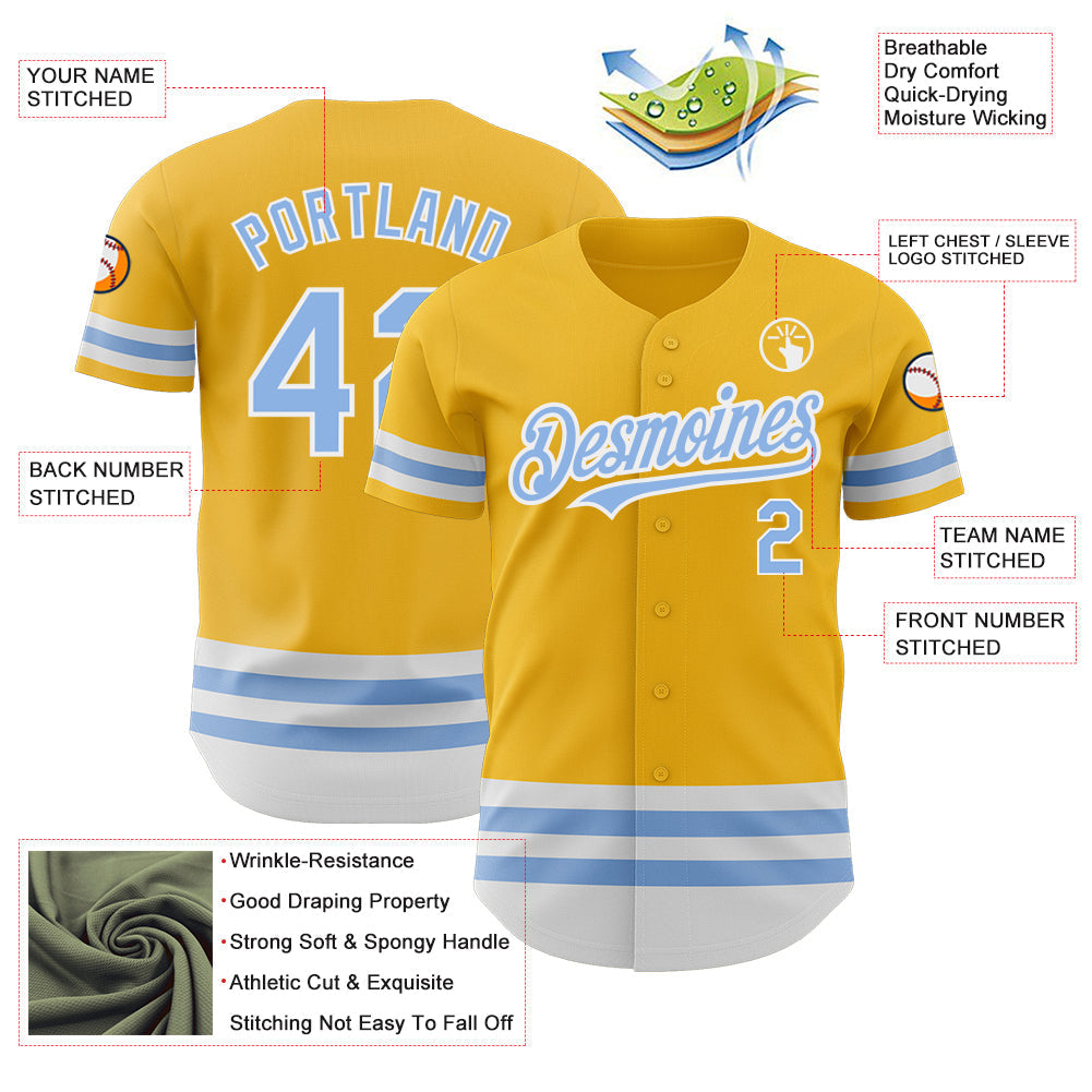 Custom Gold Light Blue-White Line Authentic Baseball Jersey baseball jersey product view 3