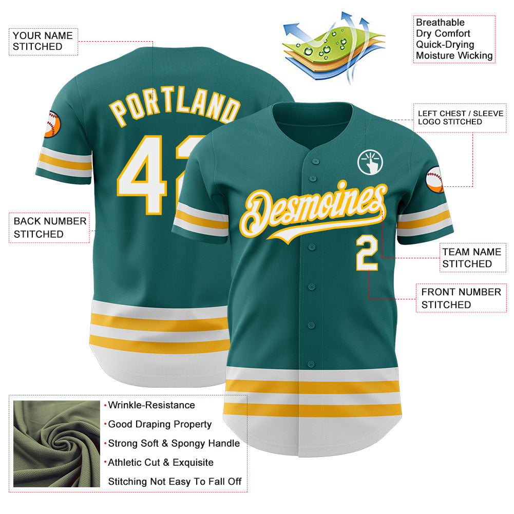 Custom Teal White-Gold Line Authentic Baseball Jersey baseball jersey product view 3