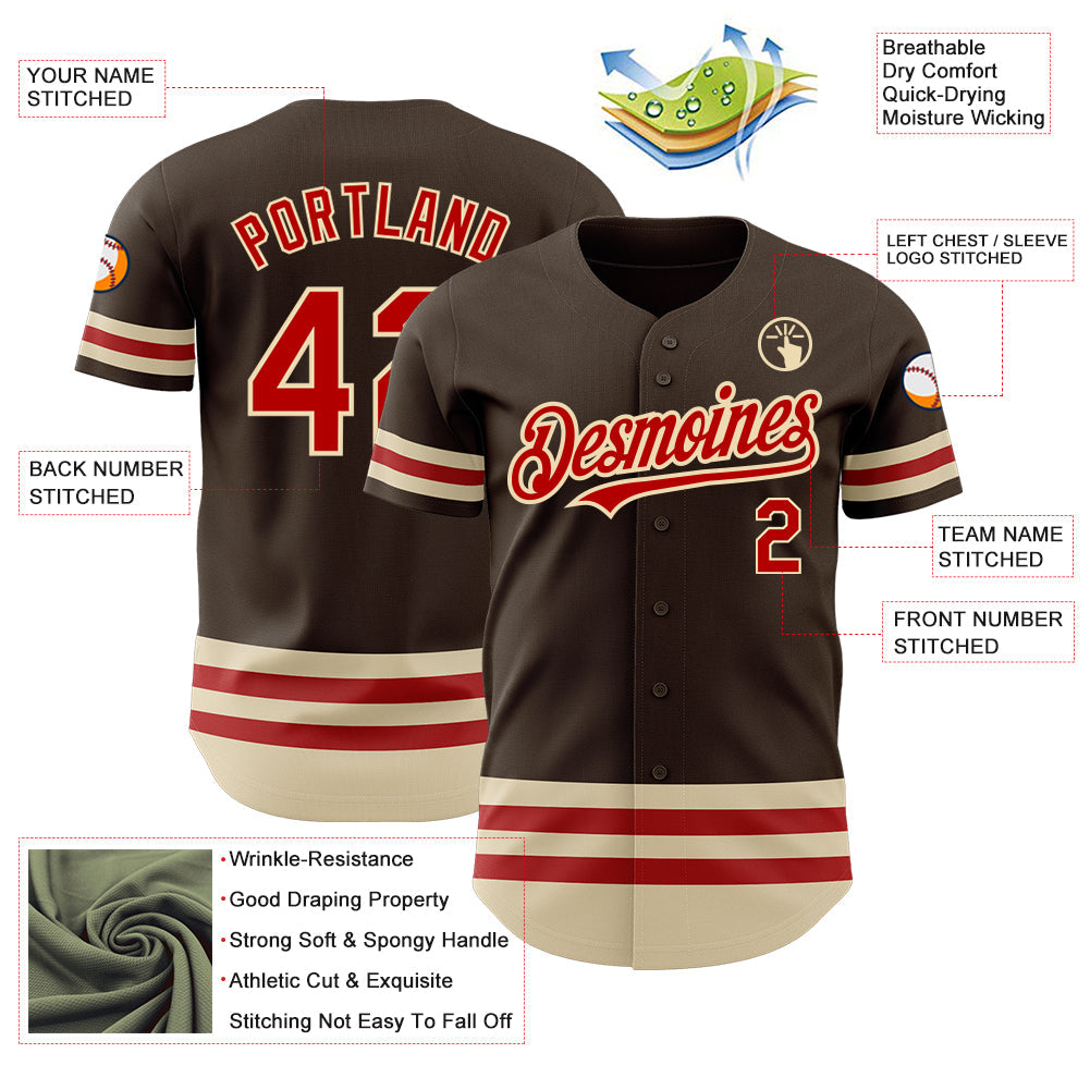 Custom Brown Red-Cream Line Authentic Baseball Jersey baseball jersey product view 3
