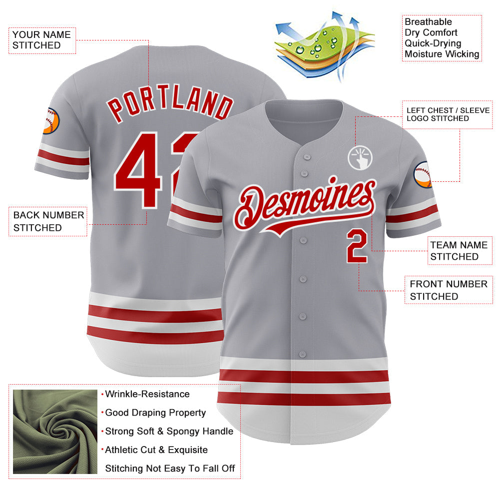 Custom Gray Red-White Line Authentic Baseball Jersey baseball jersey product view 3
