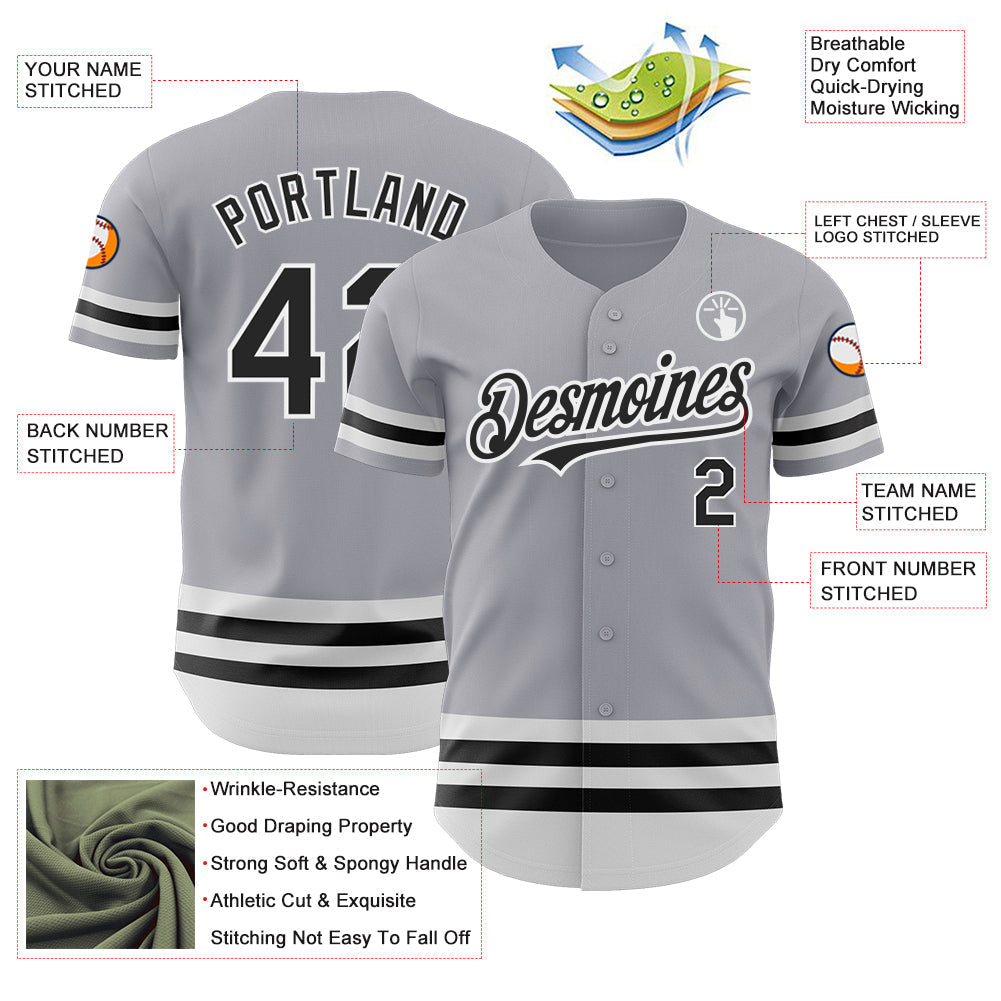 Custom Gray Black-White Line Authentic Baseball Jersey baseball jersey product view 3