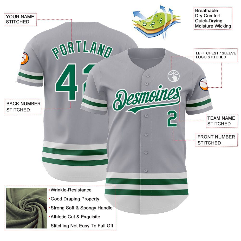 Custom Gray Kelly Green-White Line Authentic Baseball Jersey baseball jersey product view 3