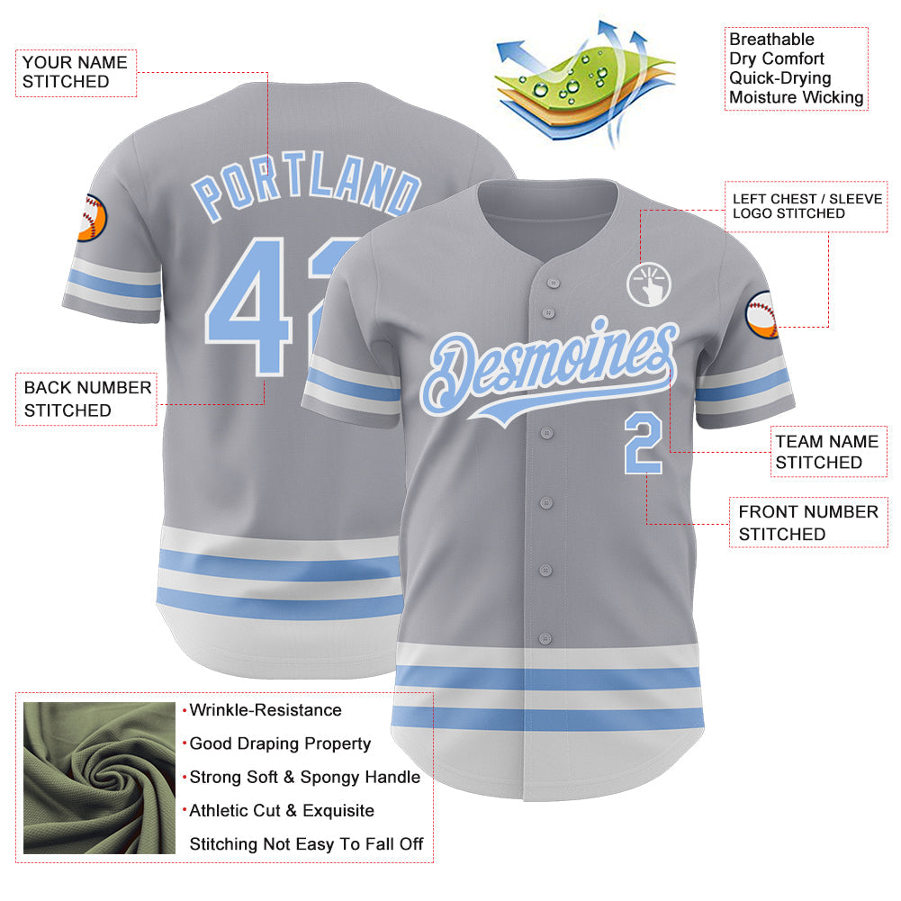 Custom Gray Light Blue-White Line Authentic Baseball Jersey baseball jersey product view 3
