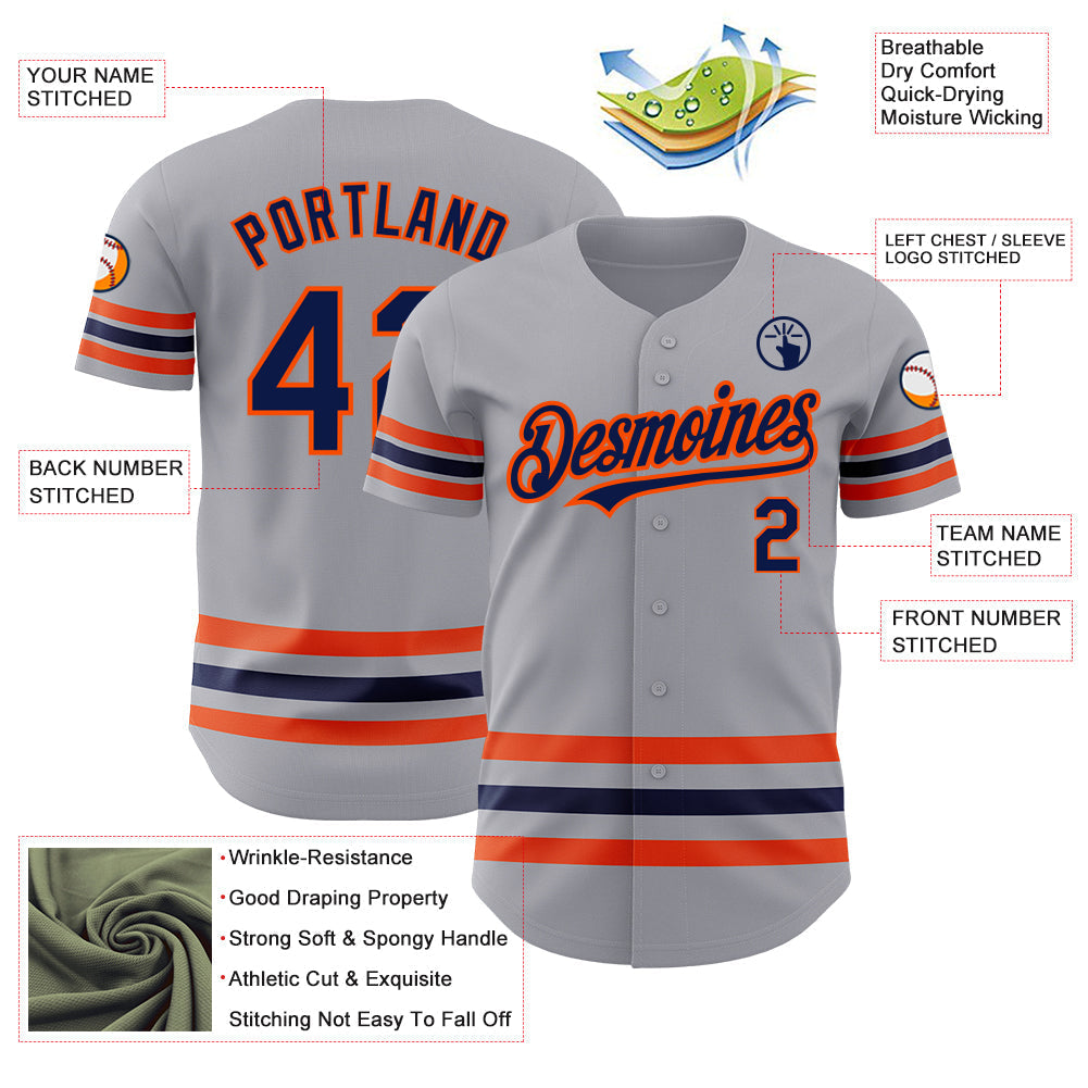 Custom Gray Navy-Orange Line Authentic Baseball Jersey baseball jersey product view 3