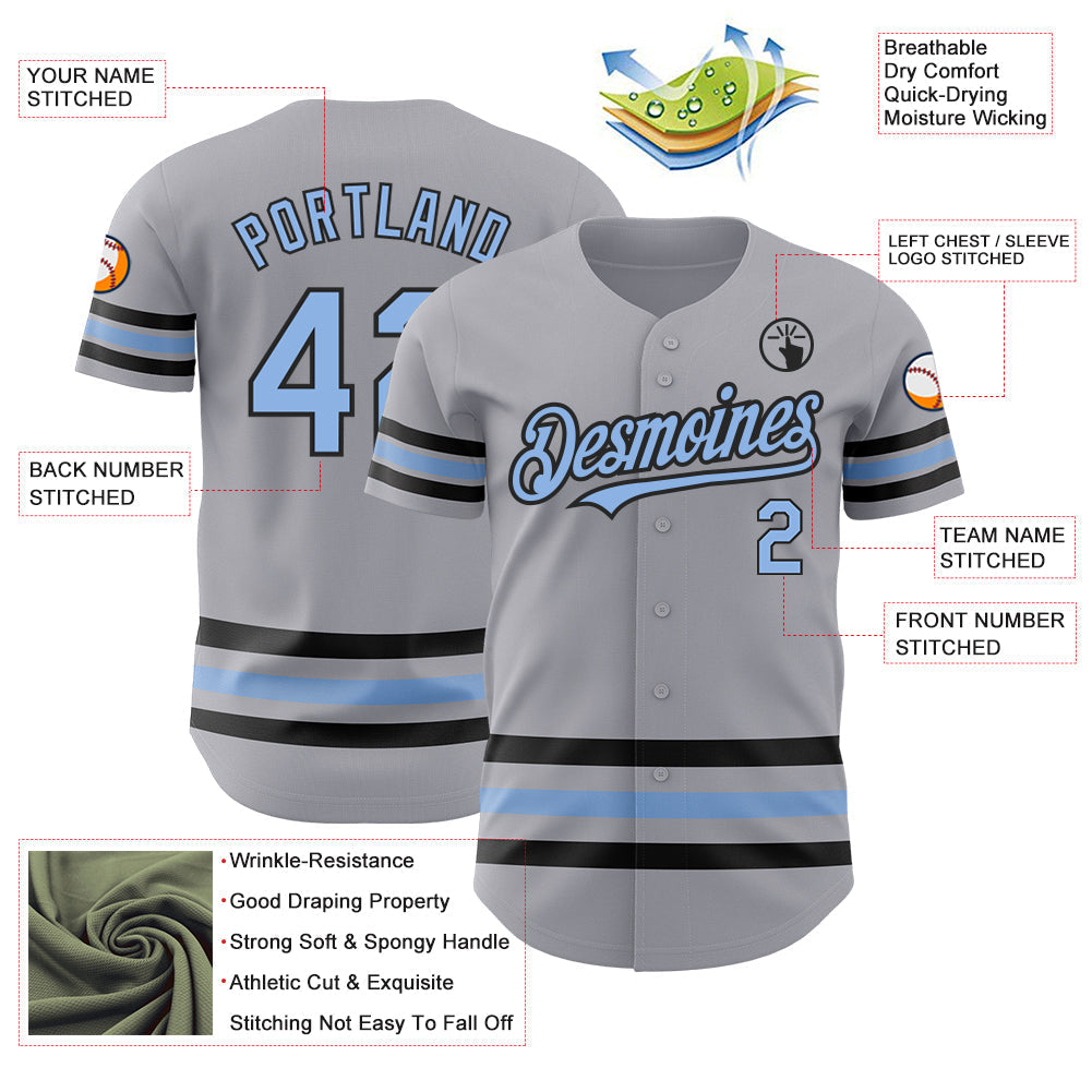 Custom Gray Light Blue-Black Line Authentic Baseball Jersey baseball jersey product view 3