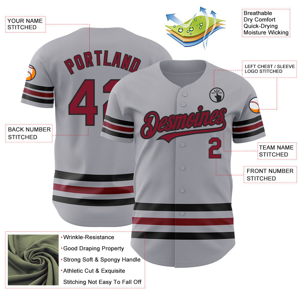 Custom Gray Crimson-Black Line Authentic Baseball Jersey baseball jersey product view 3