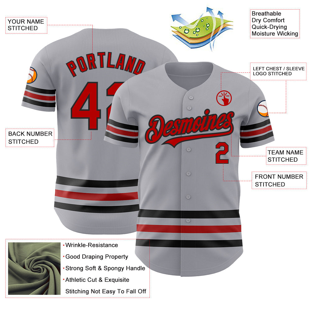 Custom Gray Red-Black Line Authentic Baseball Jersey baseball jersey product view 3