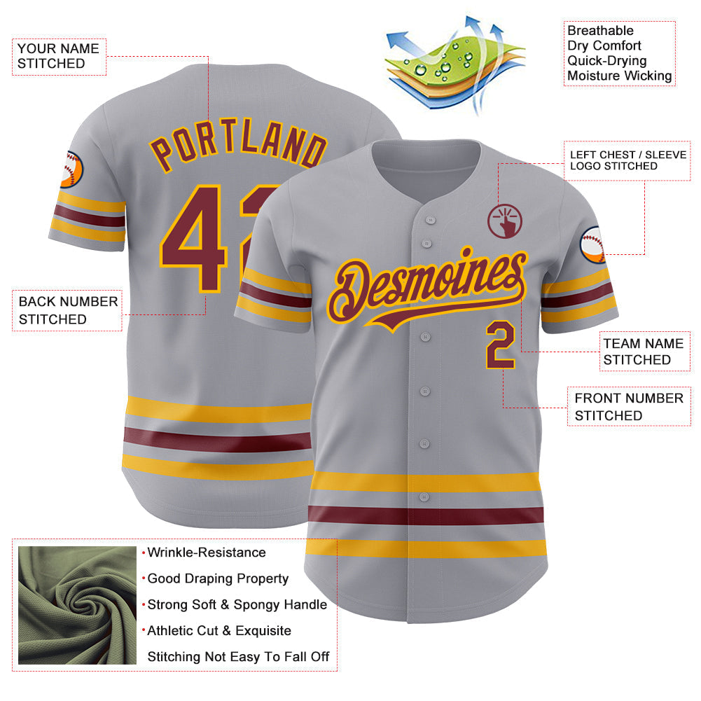Custom Gray Burgundy-Gold Line Authentic Baseball Jersey baseball jersey product view 3