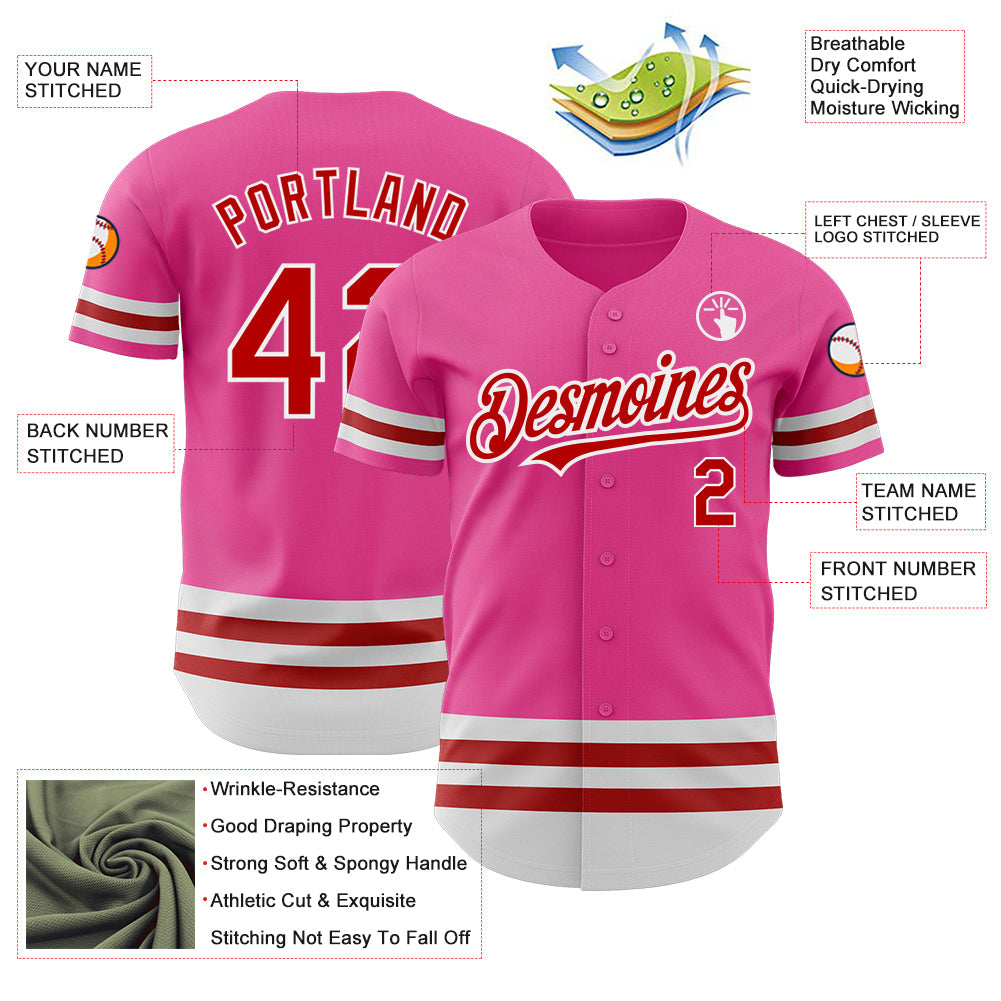 Custom Pink Red-White Line Authentic Baseball Jersey baseball jersey product view 3