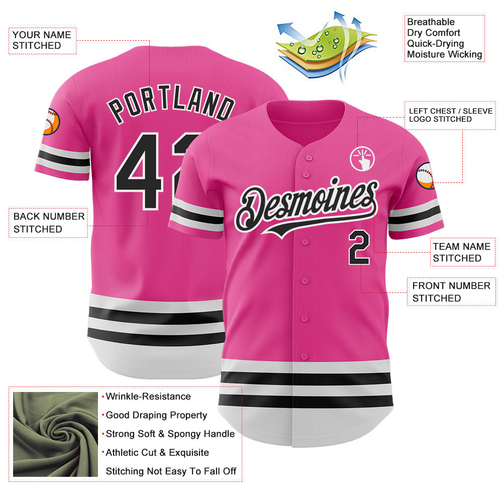 Custom Pink Black-White Line Authentic Baseball Jersey baseball jersey product view 3