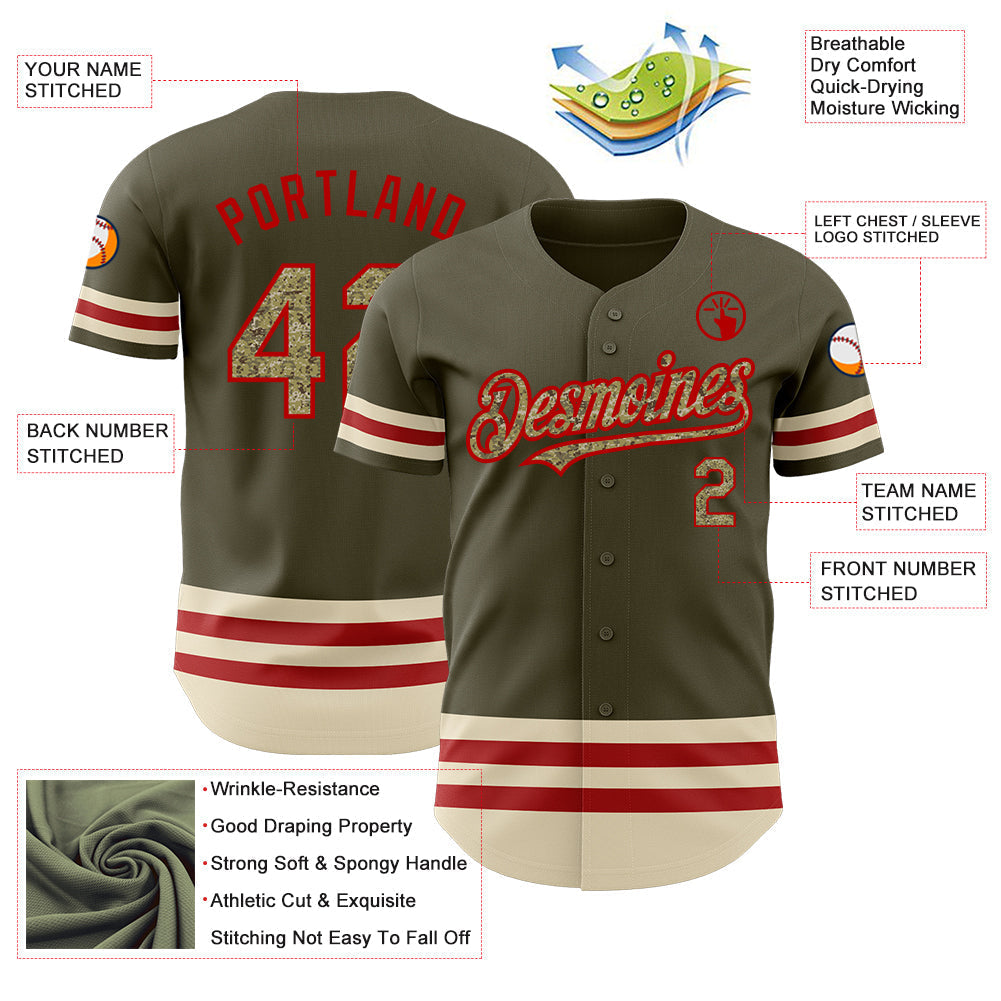 Custom Olive Camo Red-Cream Line Authentic Salute To Service Baseball Jersey baseball jersey product view 3