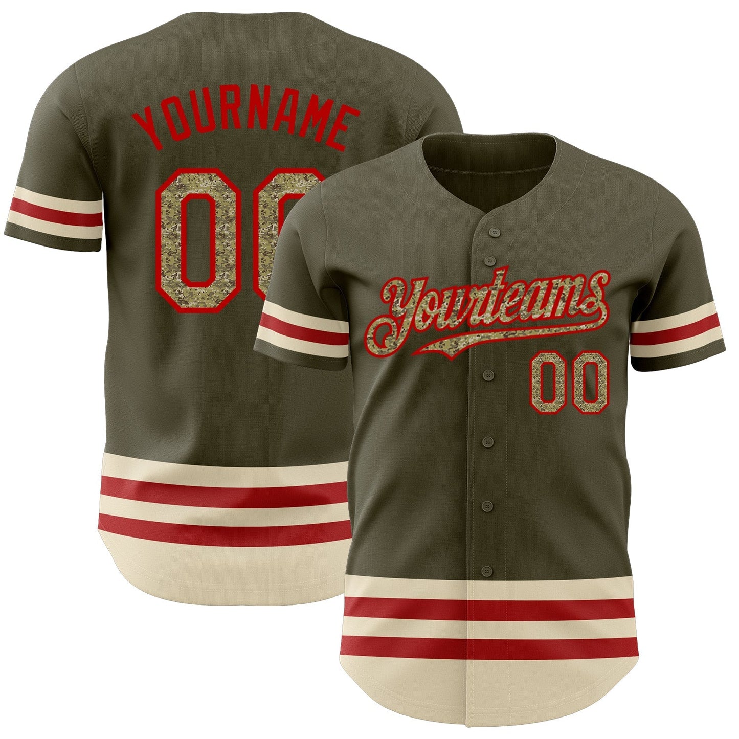 Custom Olive Camo Red-Cream Line Authentic Salute To Service Baseball Jersey baseball jersey product view 1