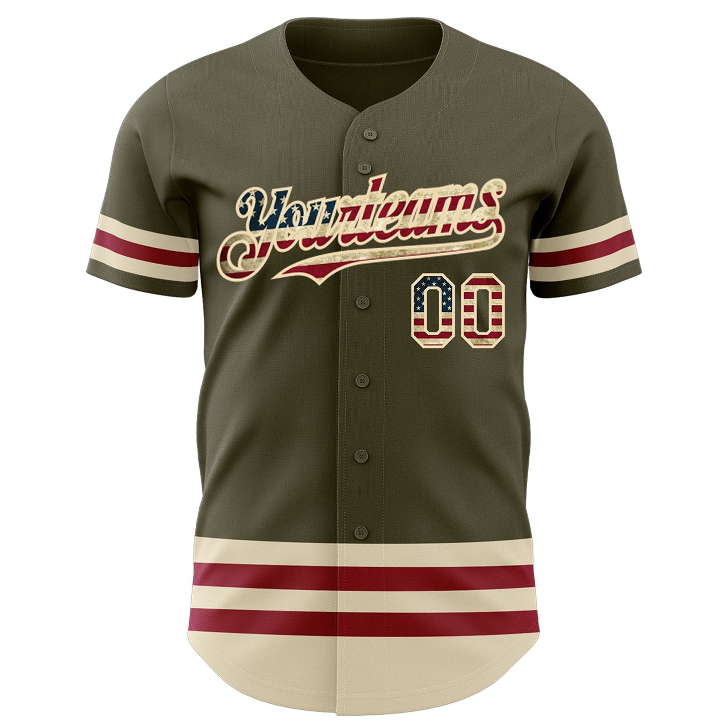 Custom Olive Vintage USA Flag Cream-Maroon Line Authentic Salute To Service Baseball Jersey baseball jersey product view 2