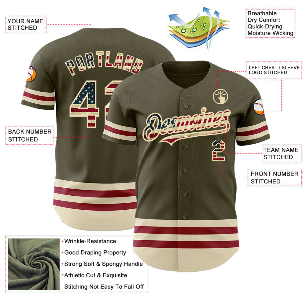 Custom Olive Vintage USA Flag Cream-Maroon Line Authentic Salute To Service Baseball Jersey baseball jersey product view 3