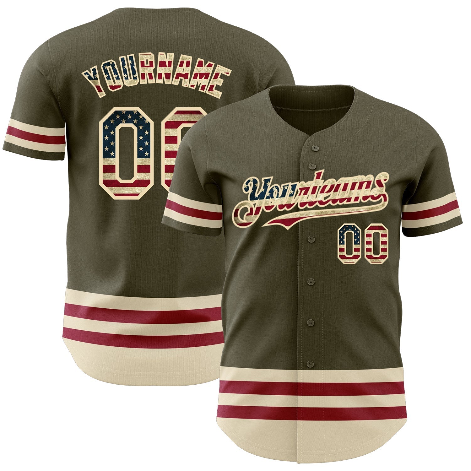 Custom Olive Vintage USA Flag Cream-Maroon Line Authentic Salute To Service Baseball Jersey baseball jersey product view 1