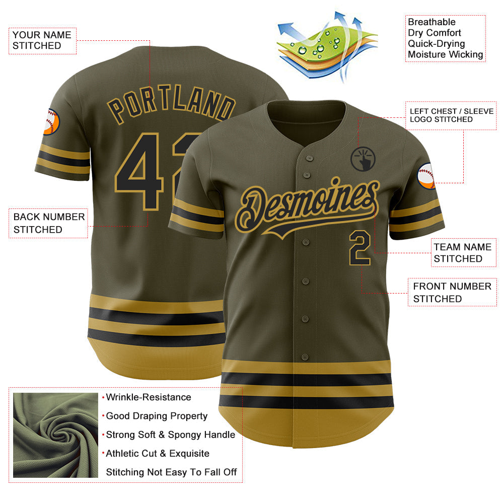 Custom Olive Black-Old Gold Line Authentic Salute To Service Baseball Jersey baseball jersey product view 3
