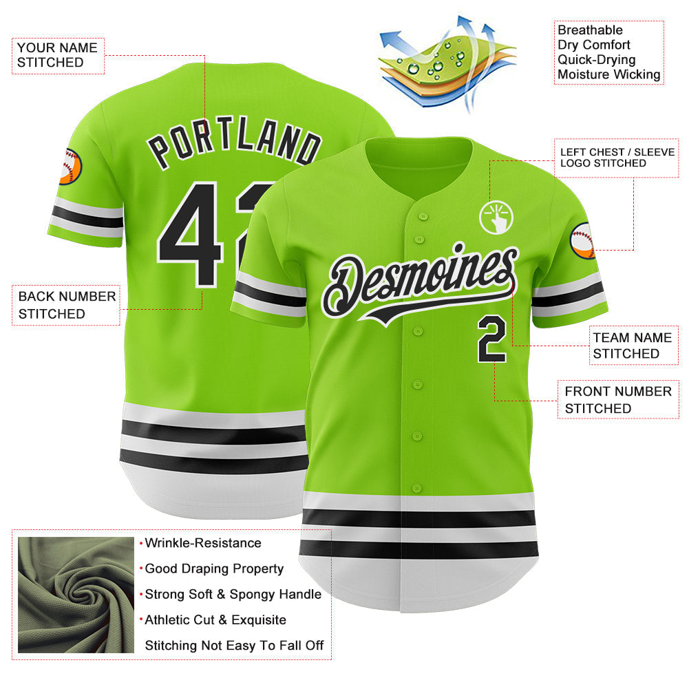 Custom Neon Green Black-White Line Authentic Baseball Jersey baseball jersey product view 3