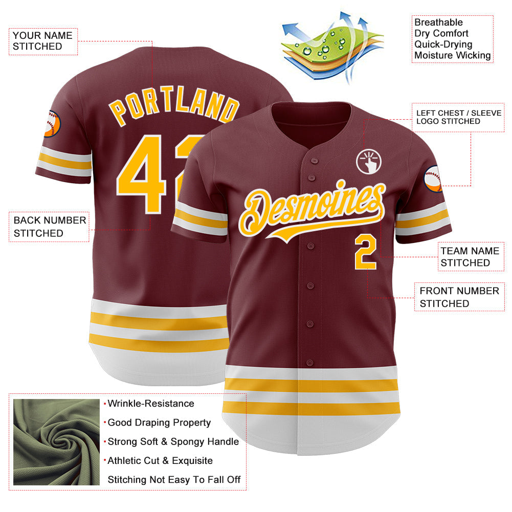 Custom Burgundy Gold-White Line Authentic Baseball Jersey baseball jersey product view 3