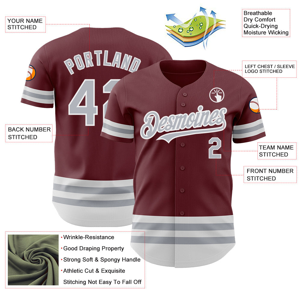 Custom Burgundy Gray-White Line Authentic Baseball Jersey baseball jersey product view 3