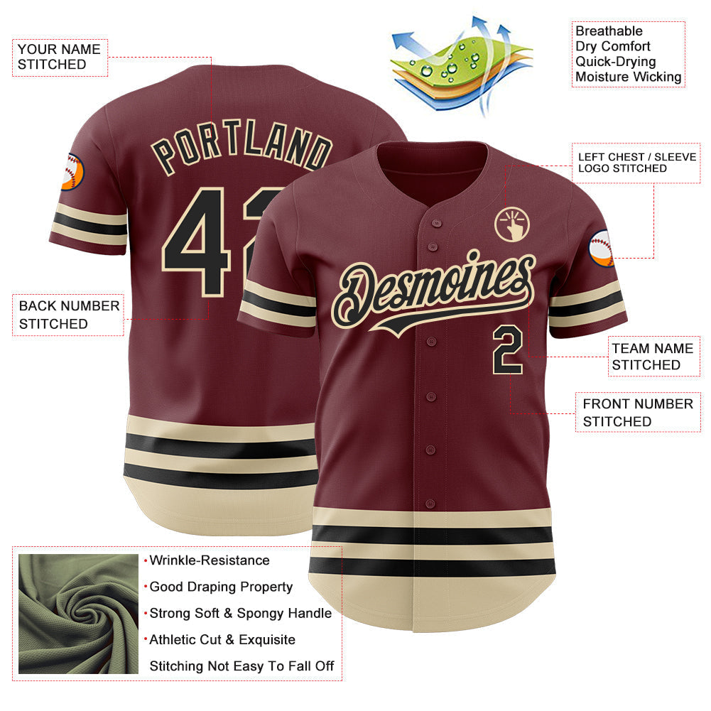 Custom Burgundy Black-Cream Line Authentic Baseball Jersey baseball jersey product view 3