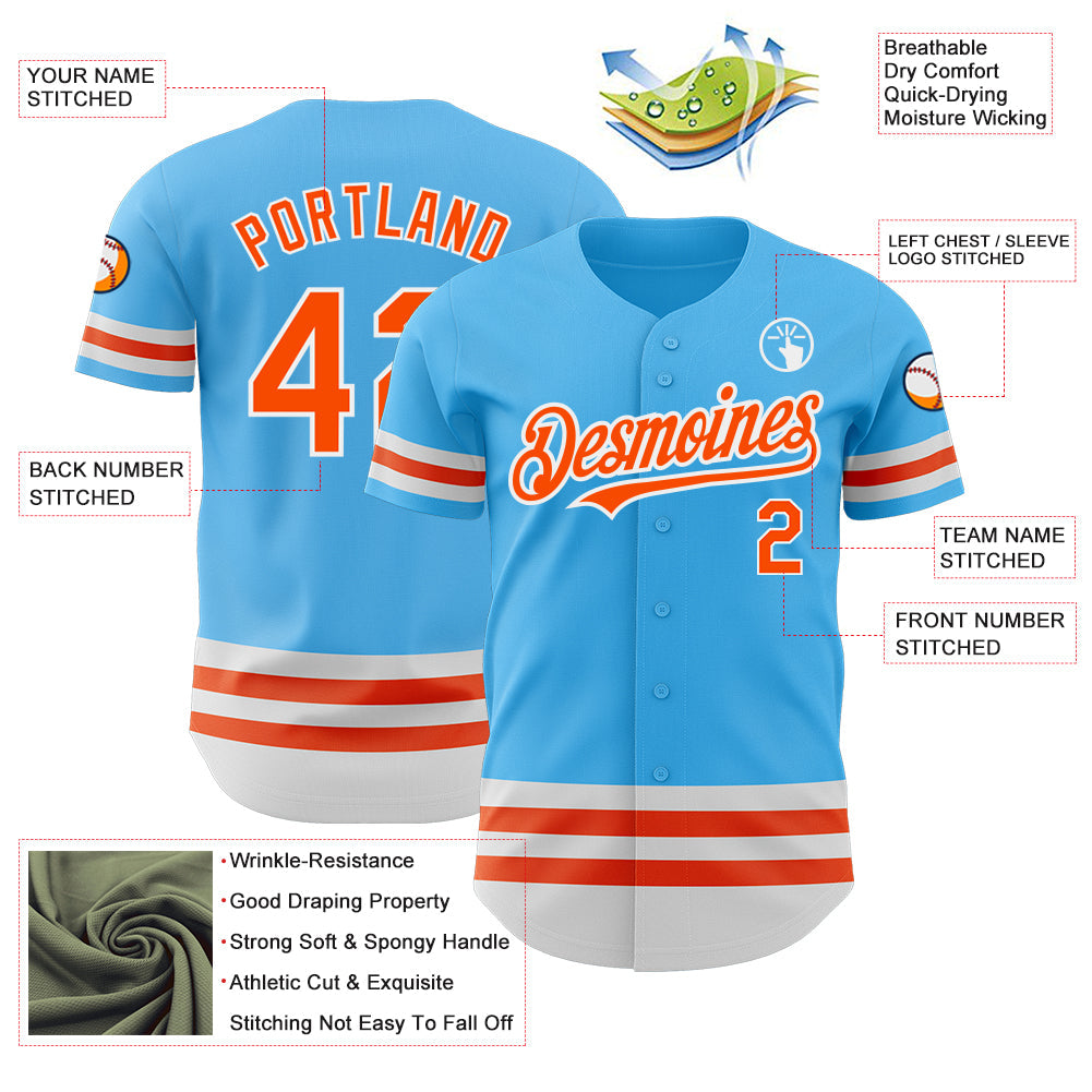 Custom Sky Blue Orange-White Line Authentic Baseball Jersey baseball jersey product view 3