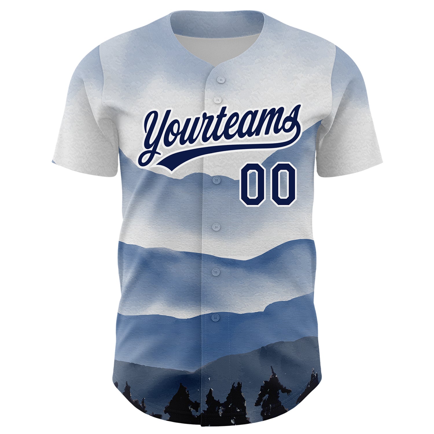 Custom White Navy 3D Pattern Design Watercolor Mountains Authentic Baseball Jersey baseball jersey product view 2