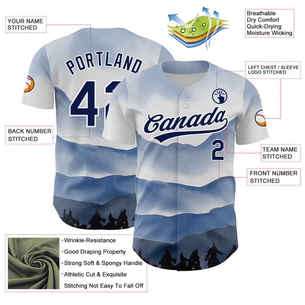Custom White Navy 3D Pattern Design Watercolor Mountains Authentic Baseball Jersey baseball jersey product view 3