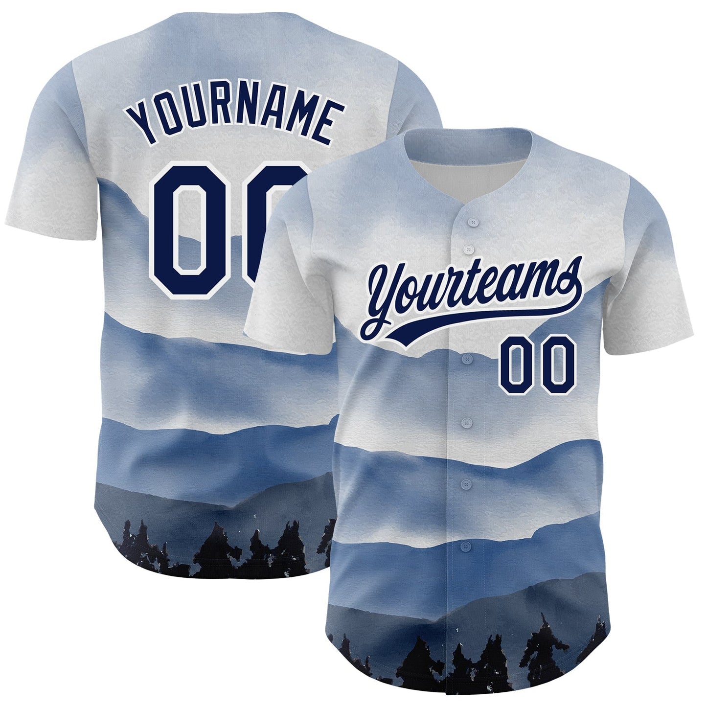 Custom White Navy 3D Pattern Design Watercolor Mountains Authentic Baseball Jersey baseball jersey product view 1