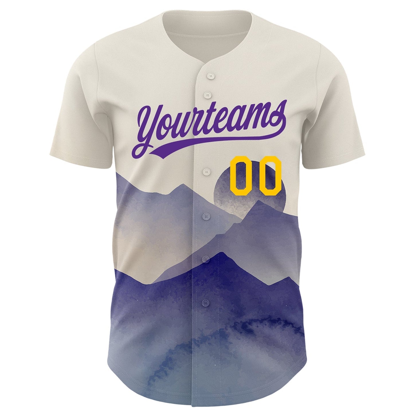 Custom Cream Yellow-Purple 3D Pattern Design Watercolor Mountains Authentic Baseball Jersey baseball jersey product view 2