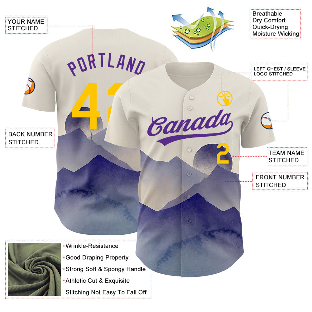 Custom Cream Yellow-Purple 3D Pattern Design Watercolor Mountains Authentic Baseball Jersey baseball jersey product view 3