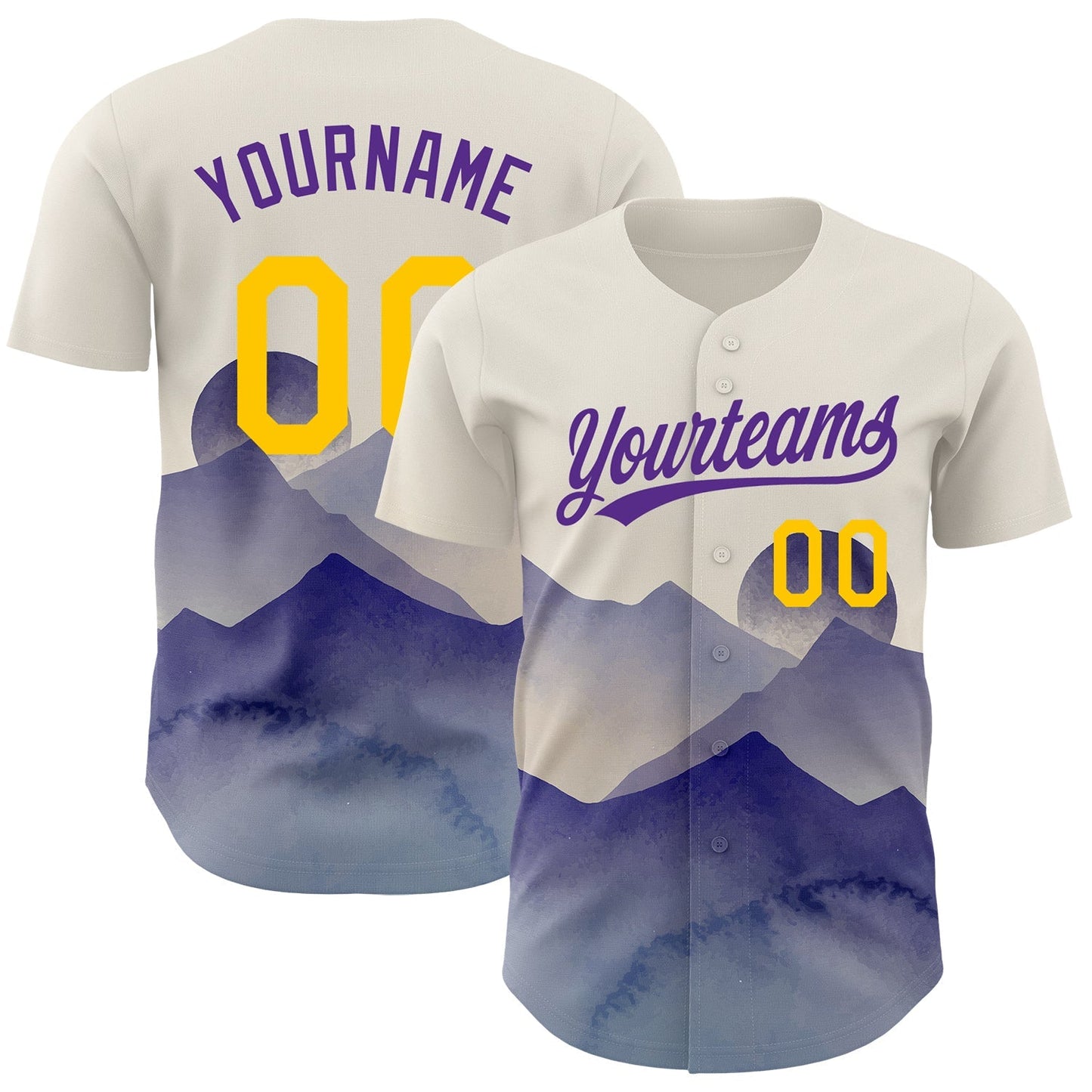 Custom Cream Yellow-Purple 3D Pattern Design Watercolor Mountains Authentic Baseball Jersey baseball jersey product view 1