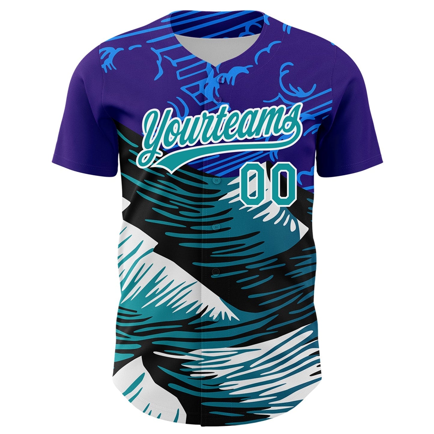 Custom Purple Teal-White 3D Pattern Design Mountains Authentic Baseball Jersey baseball jersey product view 2