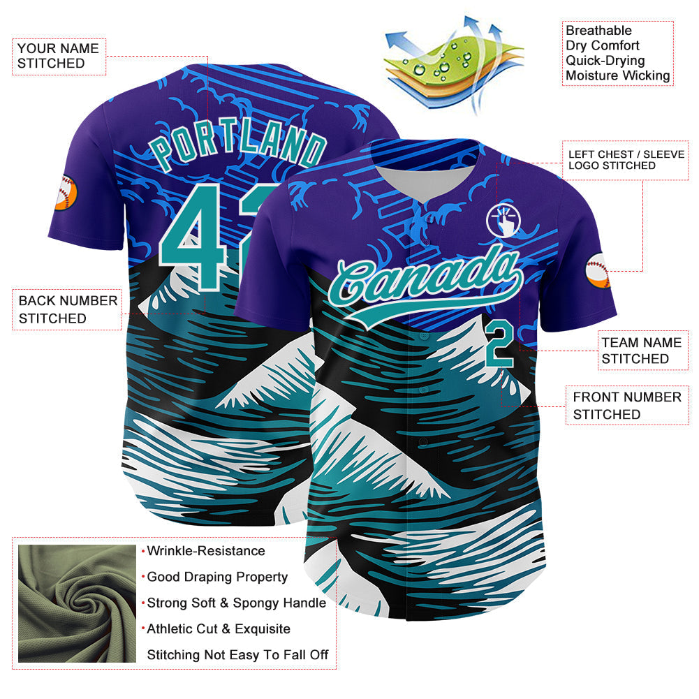 Custom Purple Teal-White 3D Pattern Design Mountains Authentic Baseball Jersey baseball jersey product view 3