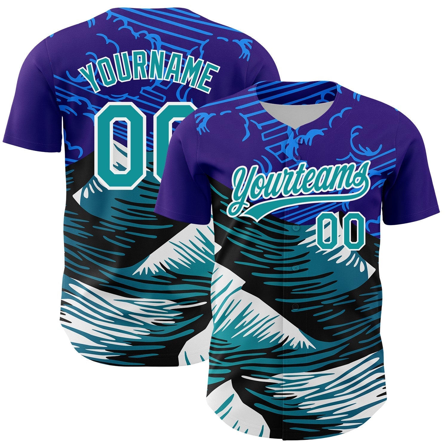 Custom Purple Teal-White 3D Pattern Design Mountains Authentic Baseball Jersey baseball jersey product view 1