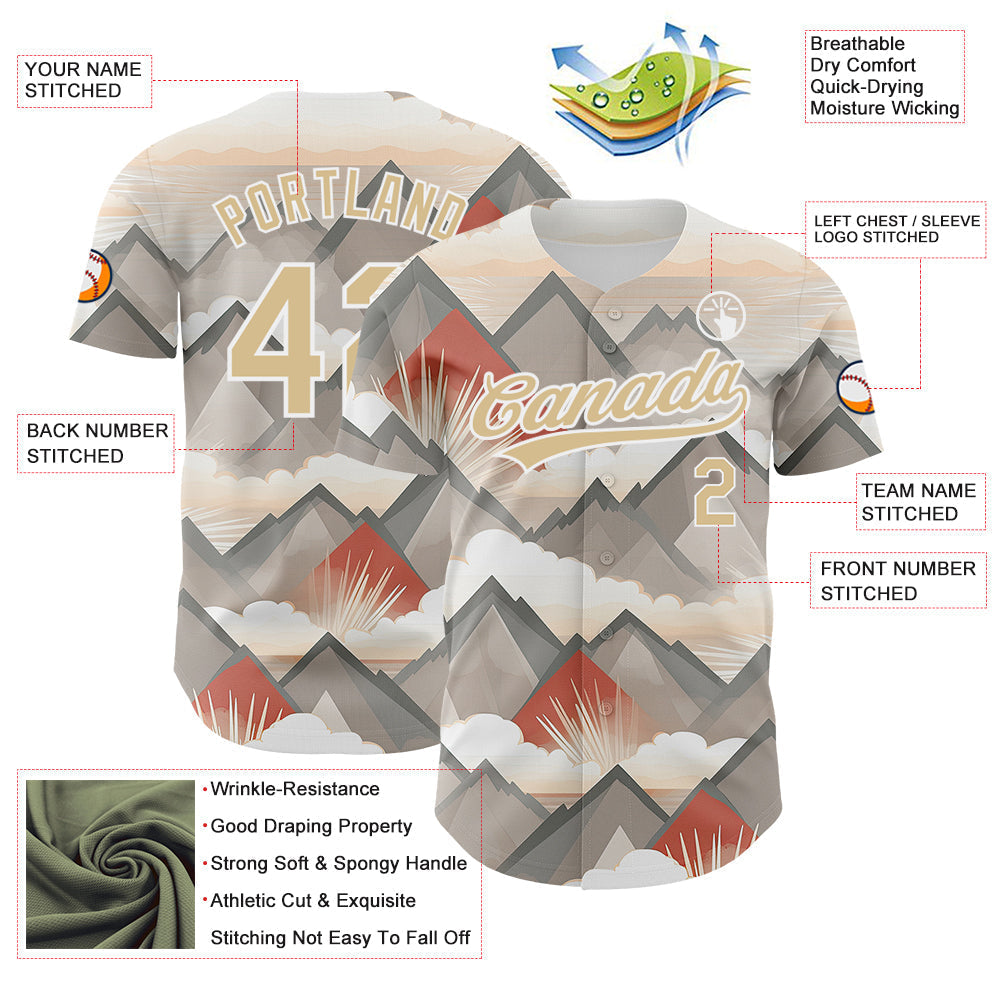 Custom Vegas Gold White 3D Pattern Design Sun Rays Through Mountain Tops Authentic Baseball Jersey baseball jersey product view 3