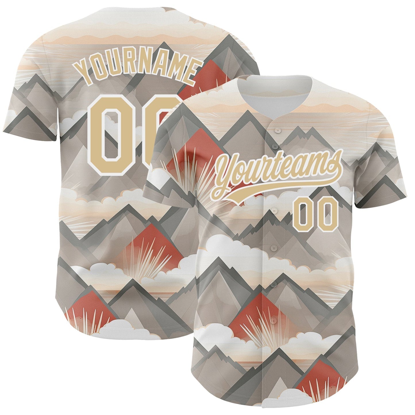 Custom Vegas Gold White 3D Pattern Design Sun Rays Through Mountain Tops Authentic Baseball Jersey baseball jersey product view 1